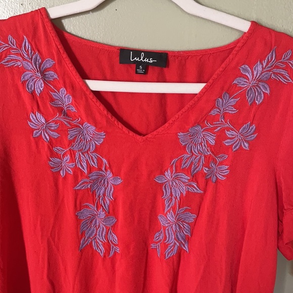 Red mini dress with floral, lavender embroidery. - Picture 2 of 3